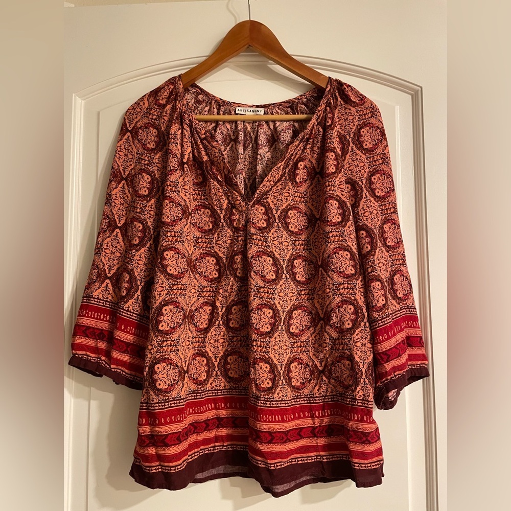 Artisan Ny Orange Red Paisley V-Neck Border-Hem Tunic Blouse